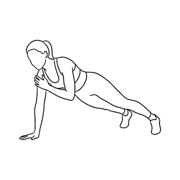 Line art illustration of woman performing a plank shoulder tap exercise in a fitness workout