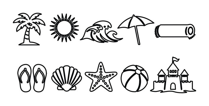 Minimalist beach icons set, black outline summer vacation vector elements, tropical travel symbols for coloring and web design