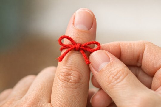 A person tying a red string around their finger as a symbol of protection or good luck