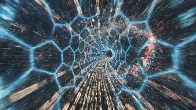 Abstract digital tunnel with hexagonal grid emphasizing futuristic concepts and connectivity