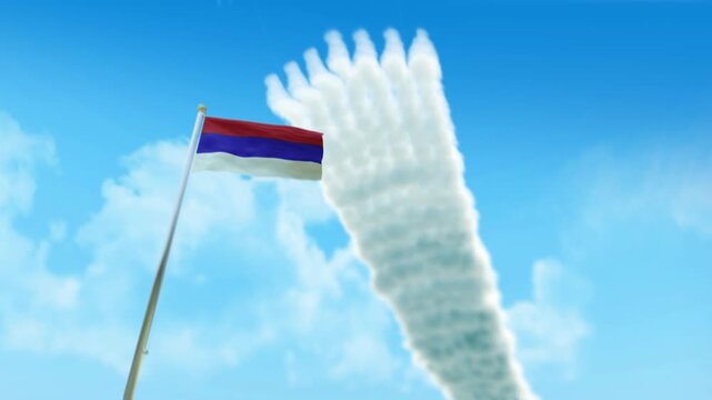 Republic of Srpska Flag 3D Render Animation on Pole with Fighter Jets Smoke Trails in Blue Sky - Low Angle View