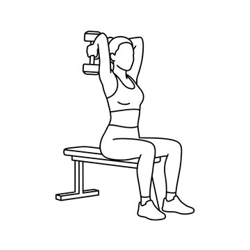 Line art illustration of woman performing seated overhead dumbbell triceps extension exercise
