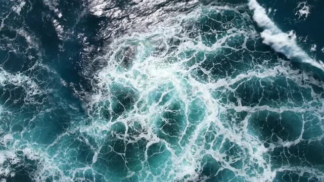 Aerial view of turbulent ocean waves with intricate white foam patterns