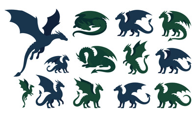 Fantasy Dragon Silhouette Collection with Mythical Winged Creatures and Medieval Creature Symbols for Creative Vector Design Projects © Joy
