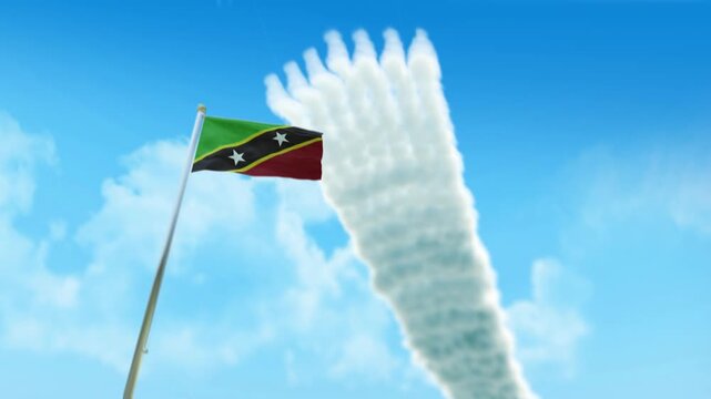Saint Kitts and Nevis Flag 3D Render Animation on Pole with Fighter Jets Smoke Trails in Blue Sky - Low Angle View