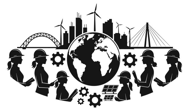 Workers collaborate around the globe with cityscape and renewable energy