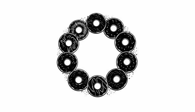 A circle of small black objects with holes is arranged in a circular pattern on a white surface.