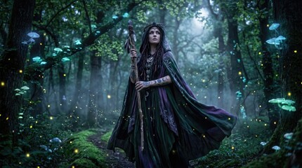 Fototapeta premium Mystic woman in dark forest with glowing mushrooms and fireflies
