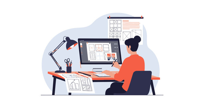 Female UI UX Designer Working at Desk Creating Website Wireframes and Graphic Design Illustration