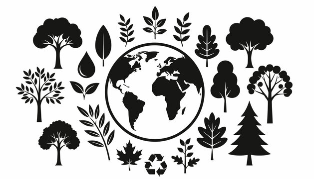 The Earth surrounded by various trees and leaves symbolizing environmental conservation on a white background.