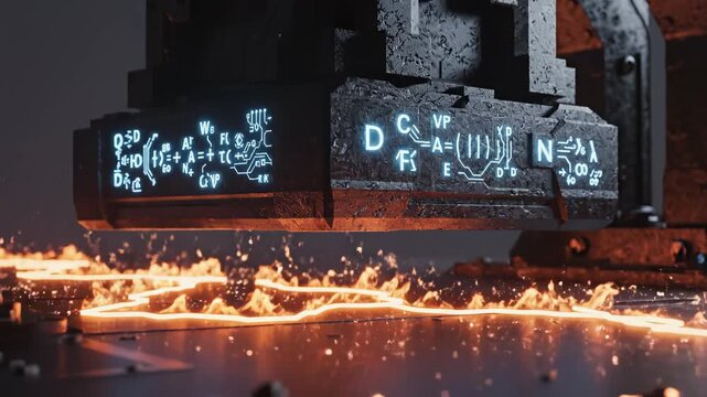 Futuristic machine with glowing equations ideal for sleek commercial backgrounds and title sequences