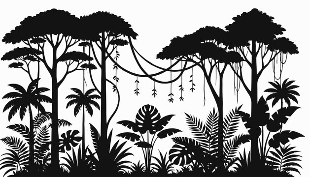 A serene jungle scene featuring various plants and trees in silhouette against a white background with tropical foliage.