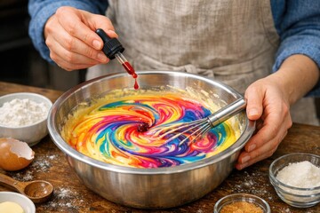 Obraz premium A person mixes ingredients in a bowl preparing a mixture