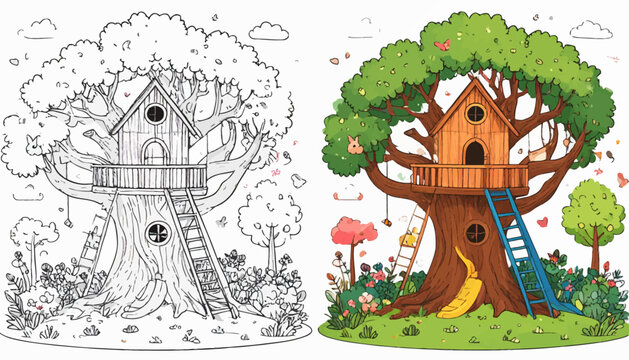 Treehouse in a lush green forest setting.