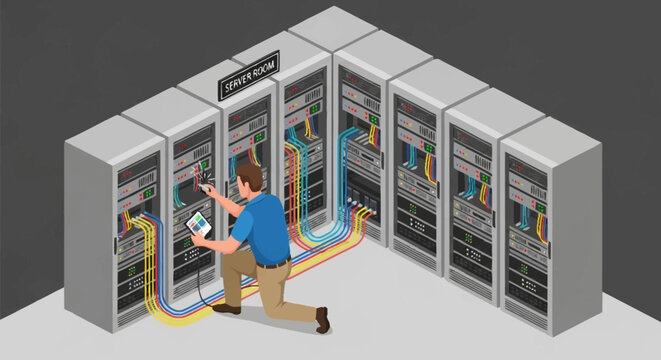 Man working on server room cables.