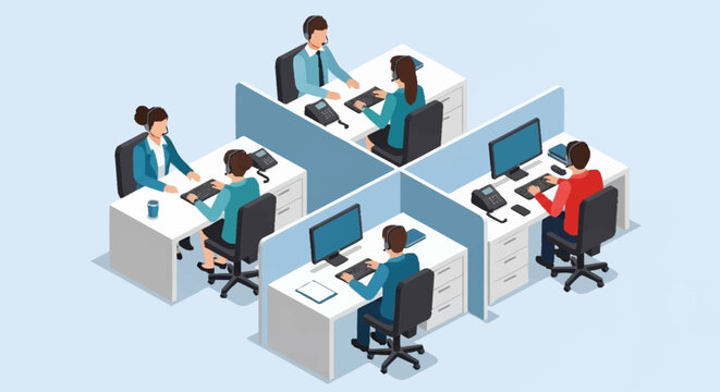 office workers sitting at cubicles.