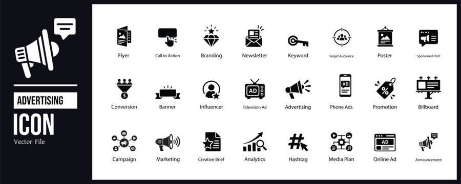Advertising and Digital Marketing Solid Glyph Icons Set Collection Vector Illustration