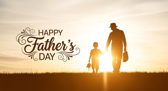 Happy Father's Day banner with silhouette of dad and son walking