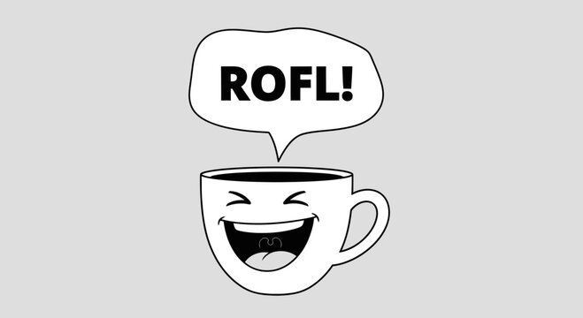 Laughing coffee cup emoticon smiling.