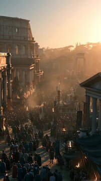 Wide shot of ancient Rome at golden hour, Colosseum, Forum Romanum, and temples bathed in warm sunlight, crowds in togas moving naturally, atmospheric dust, cinematic historical scene.