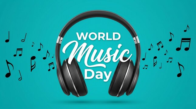 World Music Day celebration banner, black professional headphones with musical notes, creative audio concept on turquoise background