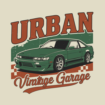 Vintage Urban Garage Green Japanese Sports Car Retro Illustration