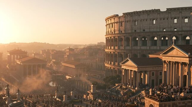 Wide shot of ancient Rome at golden hour, Colosseum, Forum Romanum, and temples bathed in warm sunlight, crowds in togas moving naturally, atmospheric dust, cinematic historical scene.