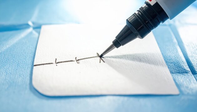 Surgical skin marker pen drawing a precise guideline on a white surface in a sterile environment