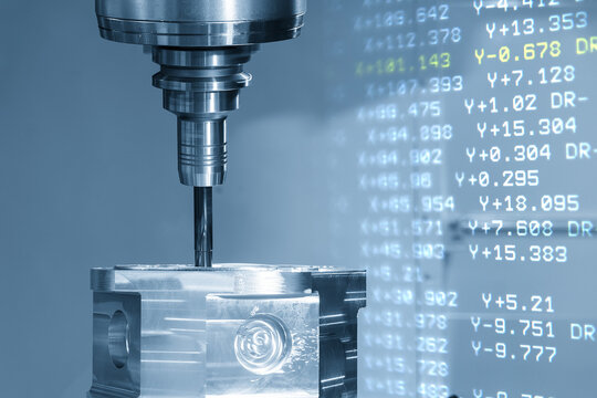 Abstract industrial technology background featuring a 5-axis CNC milling machine cutting automotive parts overlaid with G-code programming data in a blue tone.