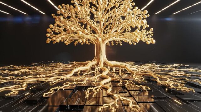 Golden tree with roots on reflective surface symbolizing dynamic movement and artistic expression