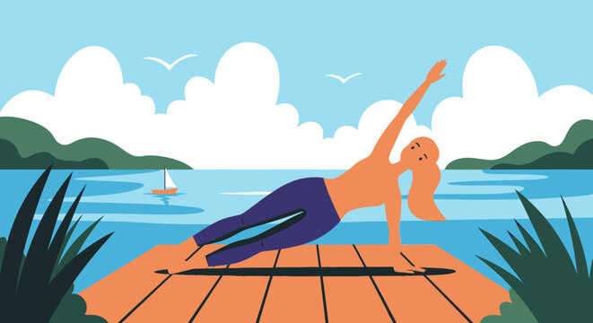 Woman doing yoga on a dock by the water.