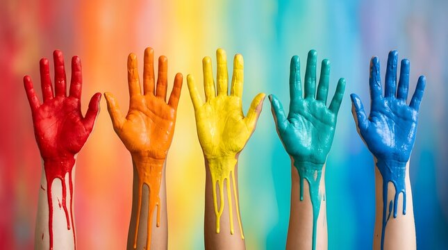 Five colorful human hands covered in bright paint raised up against a matching rainbow striped background representing unity and diversity
