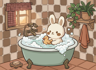 Naklejka premium Cute Cartoon Bunny Rabbit Taking a Relaxing Bubble Bath in a Warm Sunny Home Bathroom