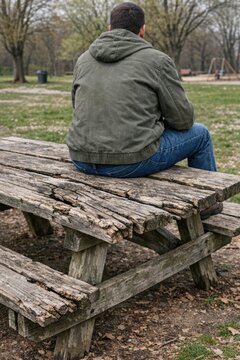 A person sitting on top of a wooden bench, providing a space for relaxation and contemplation