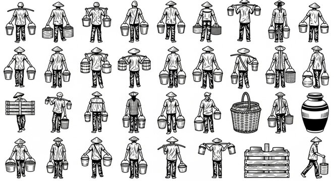 Collection of Vintage Illustrations of People Carrying Buckets.