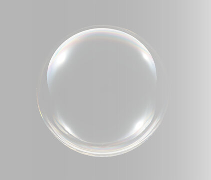 Realistic empty soap bubble or crystal orb with colorful iridescent gradient edge on light grey backdrop