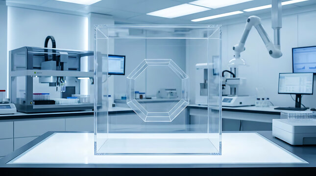 Transparent cubic container with geometric interior in a modern science laboratory setting