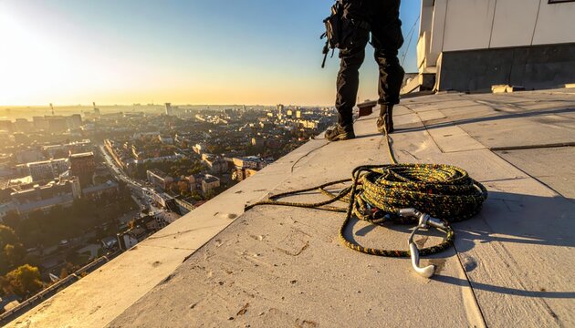 SWAT team member with rappelling rope and carabiners on a rooftop ledge overlooking a city at sunset