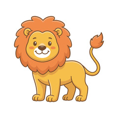 Obraz premium Friendly cartoon lion with a big orange mane, cute wild animal mascot character for kids, vector illustration.