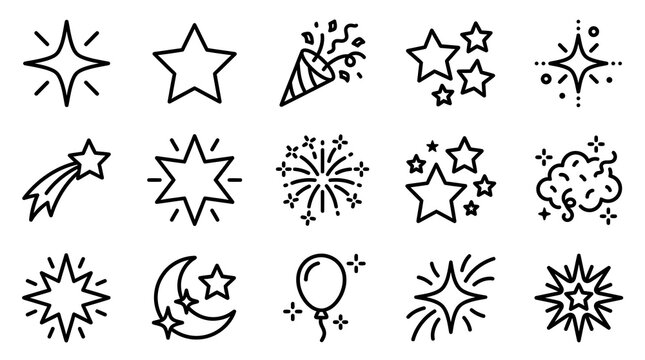 Black and white star and explosion doodle icons set.