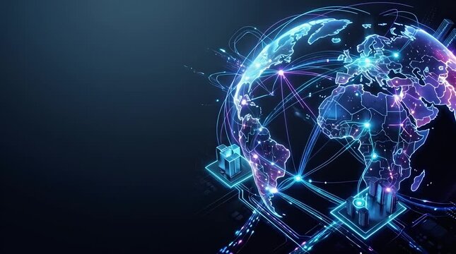 Futuristic Holographic Globe with Network Connections and Data Visualization
