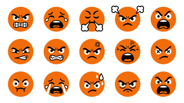 Collection of various angry orange emoticon faces.