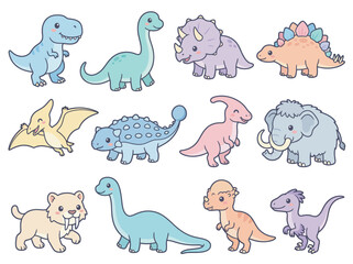 Cute Prehistoric Dinosaur and Animal Collection Set Cartoon Illustration for Kids ©  Yassine DS