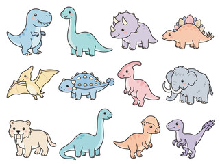 Cute Prehistoric Dinosaur Vector Collection Featuring T-Rex Triceratops Mammoth and Rare Species for Children's Nursery Decoration ©  Yassine DS