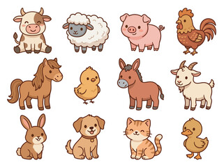 Obraz premium Adorable Farmyard Animal Vector Pack Featuring Domestic Creatures Pets and Livestock for Preschool Kids Illustration Projects