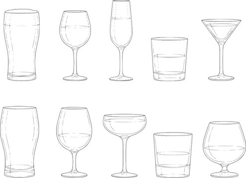 Collection of various hand-drawn drinking glasses on white background