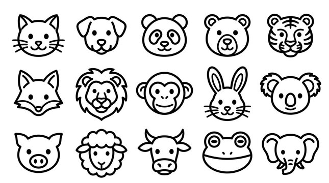 Black and white line drawings of various animal faces.