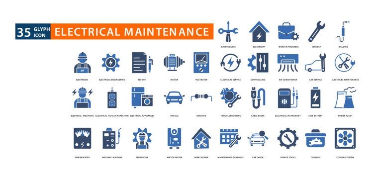 electrical maintenance icon set whit maintenance,
electricity, work in progress, wrench, welding, electrician, electrical engineering, electrical mechanic, report, motor, voltmeter, electrical service