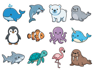 Fototapeta premium Group of Cute Cartoon Sea Animals Including Whale Dolphin Polar Bear Seal Penguin Clownfish Octopus Narwhal Shark Turtle Flamingo and Walrus Vector Art