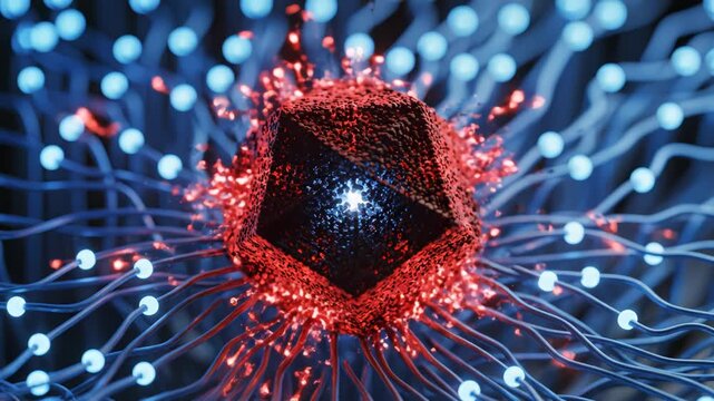 Abstract digital network with glowing cube symbolizing the cutting-edge of futuristic design